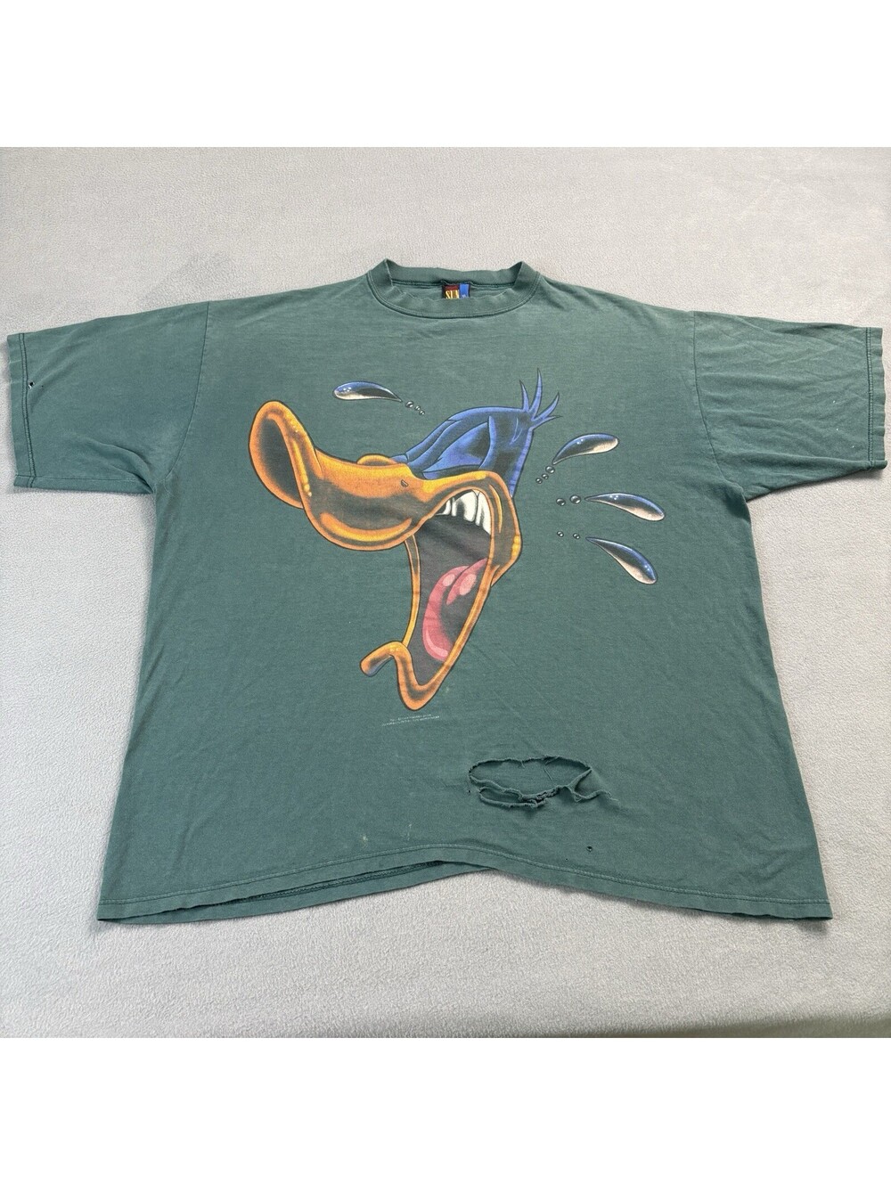 Vintage 1994 Looney Tunes Daffy Duck Big Face T Shirt XL Green Faded Distressed